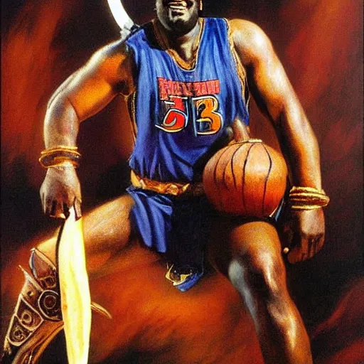 Image similar to Shaquille O'Neal as a fantasy barbarian painted by Boris Vallejo.