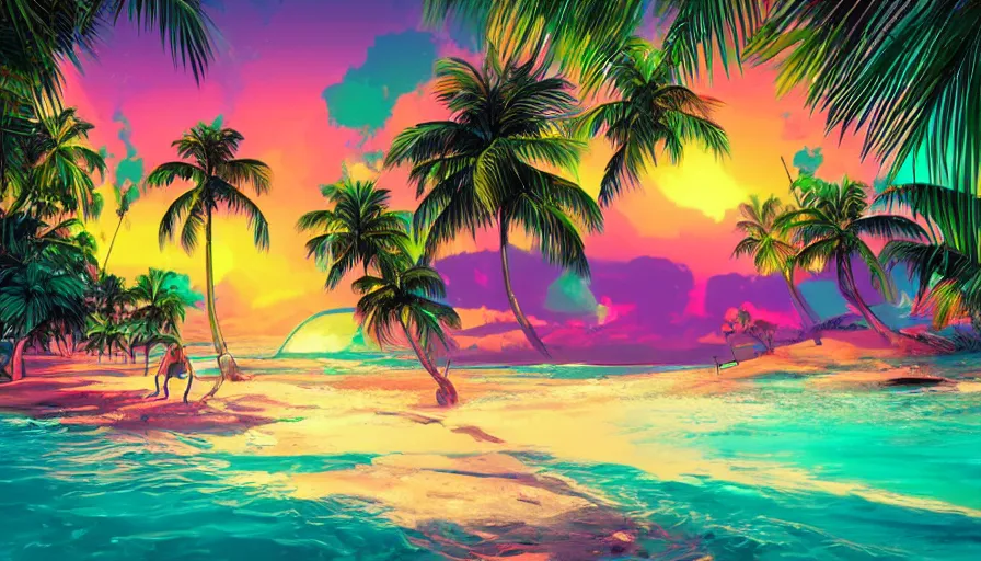 Image similar to a tropical beach, epic retrowave art, trending on art station