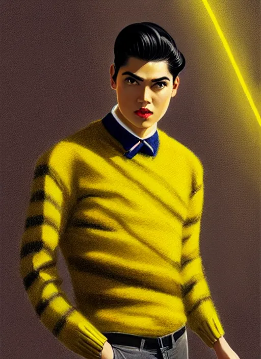 Image similar to portrait of young reggie mantle, mean smirk, egotistical, slicked back hair, striped yellow and black sweater, 1 9 5 0 s, intricate, elegant, glowing lights, highly detailed, digital painting, artstation, concept art, smooth, sharp focus, illustration, art by wlop, mars ravelo and greg rutkowski