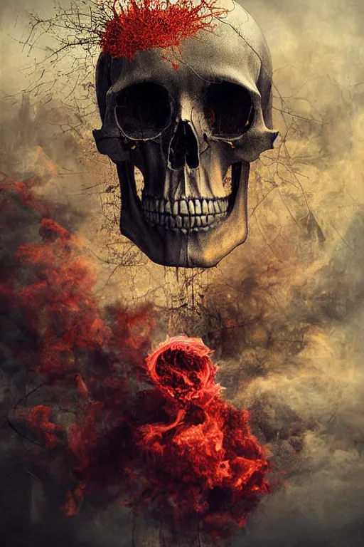 Image similar to immaculate painting of A Beautiful fine detailed gold and red and black huge skull floating in smoke over desolated wastelands, an iIlusion by erik johansson micro detailing