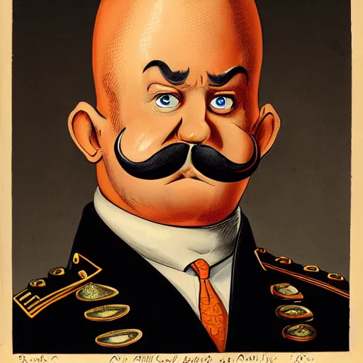 Prompt: a caricature of an angry south-americam muscular army general, thick mustache, bald, orange skin, pear-shaped skull with the thicker part at the bottom, with a bright yellow halo around his head, high-quality digital art