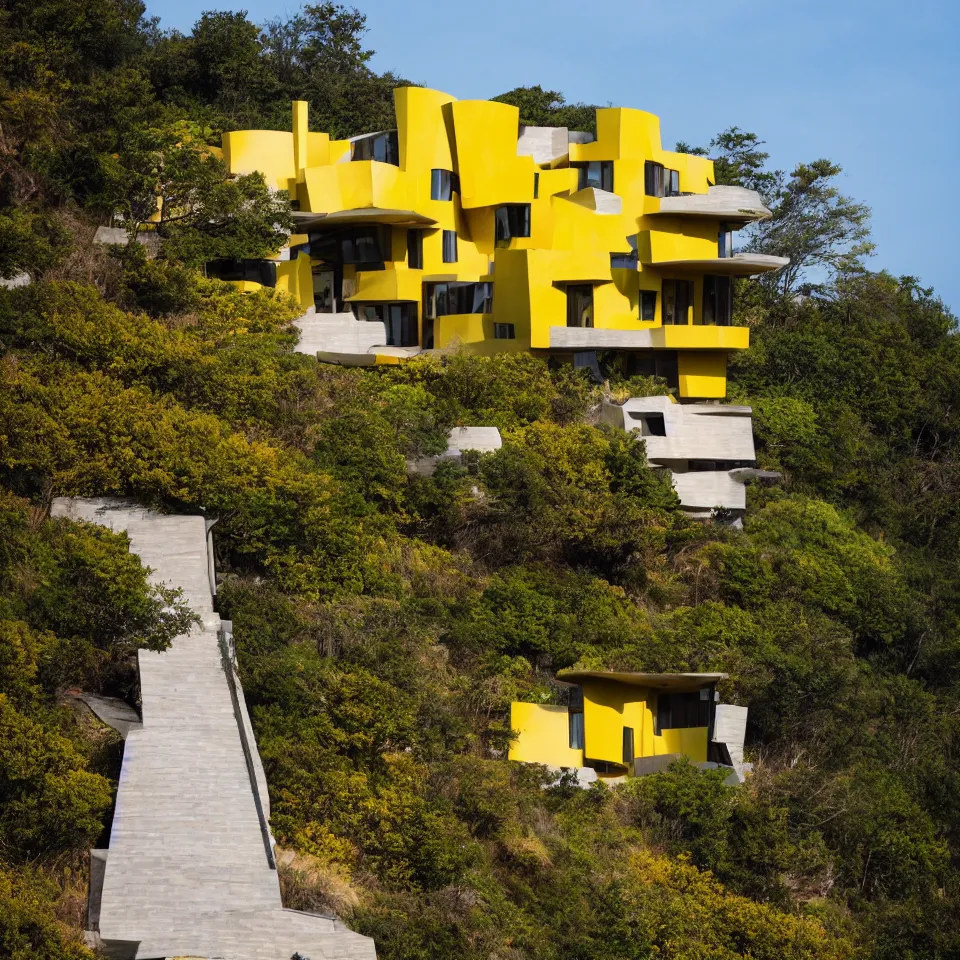 Image similar to a mid-century modern house on a cliff, designed by Frank Gehry. Big tiles. Small wooden pathway . Film grain, cinematic, yellow hue