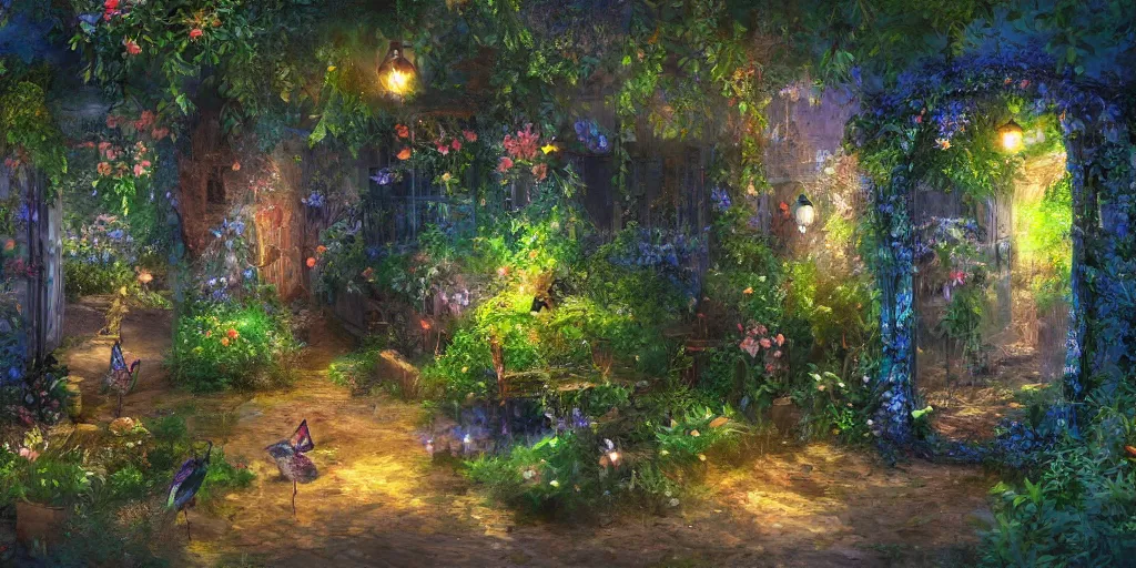 Prompt: secret garden, glass cover, birds and butterflies, fairy tale, evening lights, highly detailed, low angle view, artstation, mysterious, comfort, expressive impressionist style, 8 k