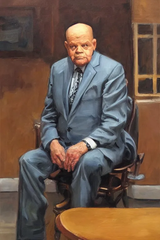 Prompt: portrait of don rickles sitting at a table, oil painting by wilson mclean, sharp focus, masterpiece, highly detailed