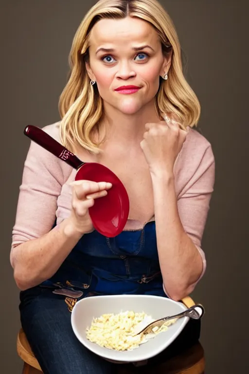 Image similar to an award winning photo of reese witherspoon holding a spoon, spoons, portrait photography, studio lighting, highly detailed, extremely realistic