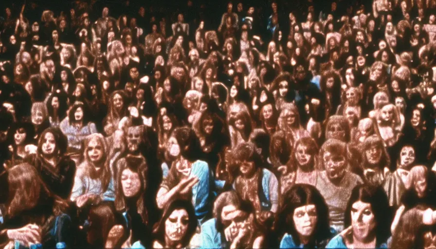 Image similar to 7 0 s film still from a horror movie of the price is right audience filled with zombies, kodachrome, cinecolor, cinestill, photorealism, cinematic, film grain, film texture, vhs recording