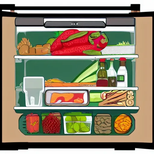 Image similar to cross - section illustration of a refrigerator interior stuffed with leftovers, highly detailed