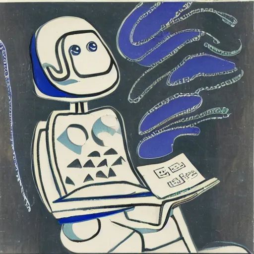 Prompt: a robot reading a book by eileen agar