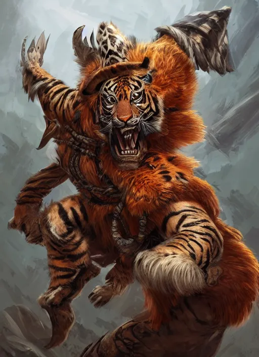 Image similar to a highly detailed illustration of a fierce tribal warrior wearing a tiger mane hat, heroically screaming into the sky pose, muscular, intricate, elegant, highly detailed, centered, digital painting, artstation, concept art, smooth, sharp focus, league of legends concept art, WLOP