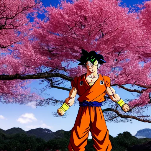 Prompt: ultrawide photo of goku wearing tuxedo standing in front of sakura trees, highly detailed, 8 k