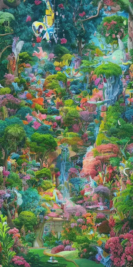 Image similar to bosch and beeple!!!!!!! ( ( ( ( ( ( ( and lisa frank ) ) ) ) ) ) ) painting of a magnificent garden filled with remarkable sculptures, trees, and structures, incredible details