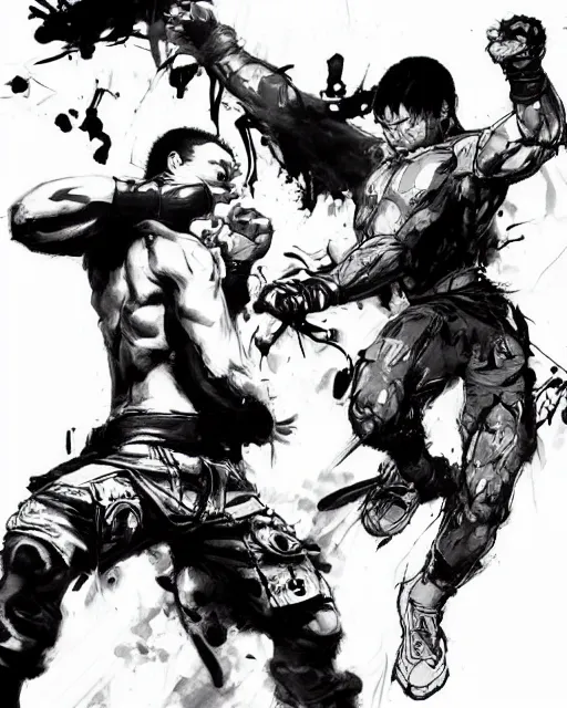 Image similar to Tony Jaa getting ready to fight in the style of Yoji Shinkawa, in the style of leonard boyarsky, detailed illustration