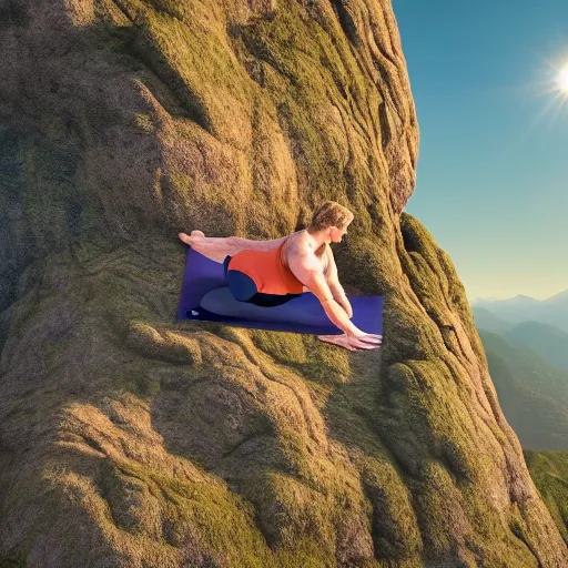 Prompt: full body composition of yoda practicing yoga on the top of a mountain during sunrise, movie still, 4k