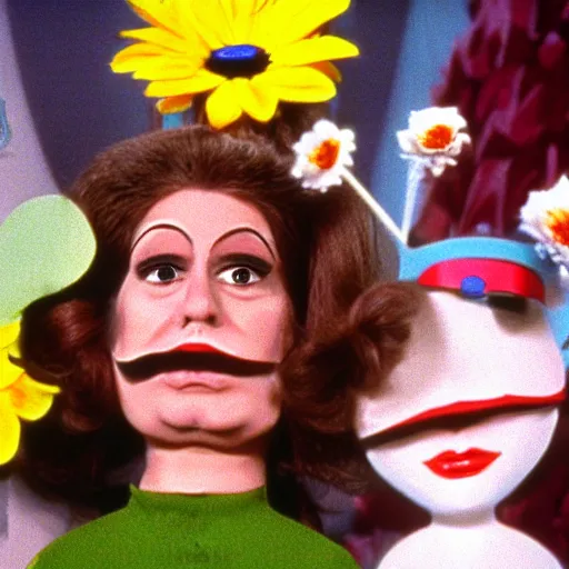 Image similar to 1972 woman on tv show with a long prosthetic snout nose, big nostrils, wearing flowers in the city 1972 color archival footage color film 16mm Fellini Almodovar John Waters Russ Meyer with hand puppet