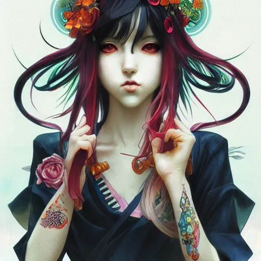 Prompt: emo japanesque electric girl gumi, anime style, hyper detailed, illustration, digital painting, art by artgerm and greg rutkowski and alphonse mucha, high delicate defined details, anime stylized, highly detailed, realistic, sharp focus, styled by rhads