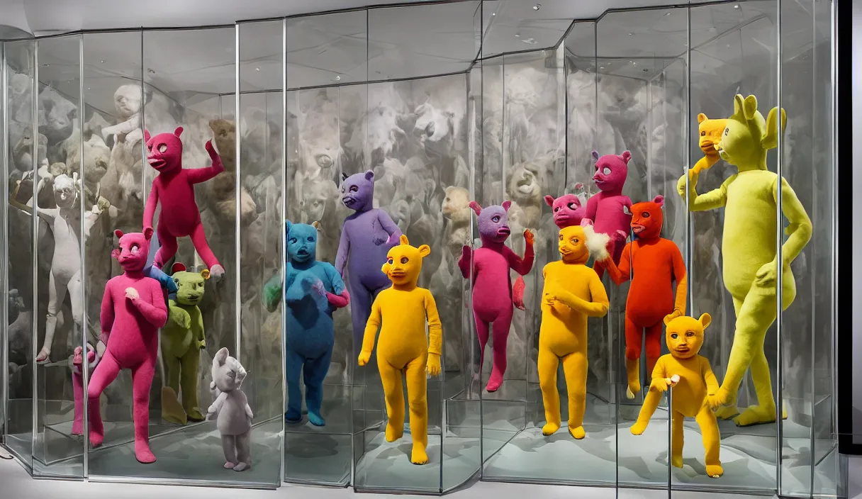 Image similar to diorama windowstore vitrine at the american museum of natural history, new york, of very realistic dissected teletubbies as furry animals, photography portrait aesthetic by guy bourdin, museum artifact