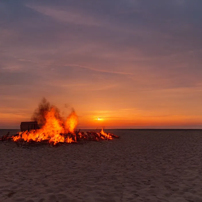 Image similar to photo of a huge bonfire on a beach at sunset, golden hour