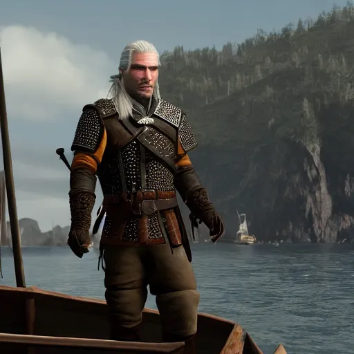 Image similar to geralt of rivia on a boat