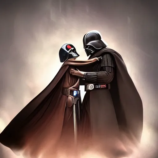 Image similar to obi wan hugging darth vader, artstation hall of fame gallery, editors choice, #1 digital painting of all time, most beautiful image ever created, emotionally evocative, greatest art ever made, lifetime achievement magnum opus masterpiece, the most amazing breathtaking image with the deepest message ever painted, a thing of beauty beyond imagination or words, 4k, highly detailed, cinematic lighting