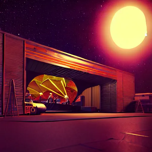 Prompt: low angle shot of a space port at night, pulp art, artwork by Joseph Leyendecker and Robert McGinnis and Alfred Henry Maurer, 3d octane blender render, Hipple and boho fashion 1970s, kraut rock album cover