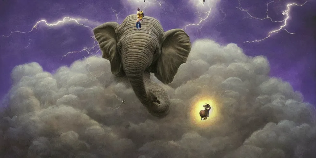 Prompt: a single purple elephant flying in the air like dumbo during a storm with lightning and an iridescent portal above, viewpoint from the ground looking up, illustration, detailed, smooth, soft, cold, by Adolf Lachman, Shaun Tan, Surrealism