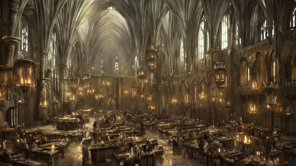 Prompt: hogwarts cinematic great hall art, detailed epic illustration, darek zabrocki, unreal engine,