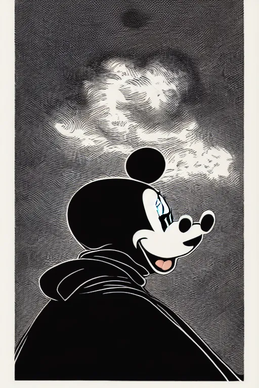 Image similar to sideview waist up portrait of mickey mouse wearing black cape hoodie by laurie greasley and rene magritte, etching by gustave dore, intricate, sharp focus, illustration, highly detailed, digital painting, concept art, masterpiece