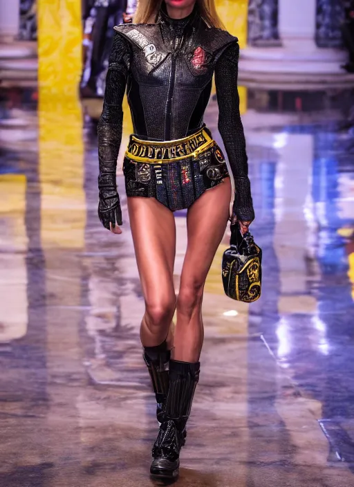 Image similar to hyperrealistic and heavy detailed versace runway show of judge dredd, leica sl 2 5 0 mm, vivid color, high quality, high textured, real life