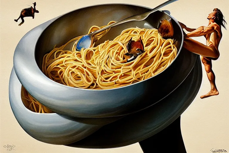 Image similar to olympic diver diving from springoard into a dish of pasta, detailed surrealist art, artgerm