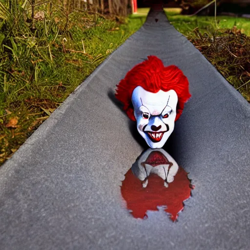 Prompt: Pennywise the clown , peering through a storm water drain