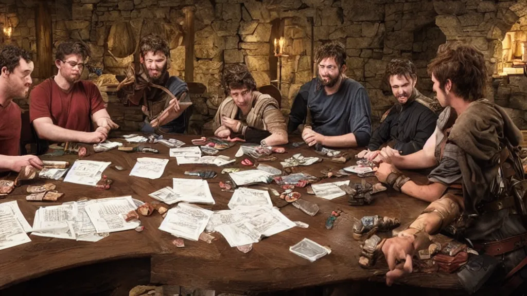 Prompt: nerds playing d & d, by weta digital, cinematic, dragons and dungeons, tabletop rpg