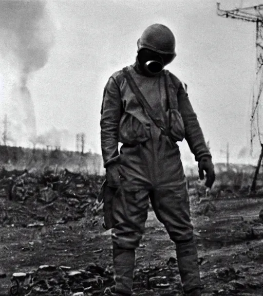 Prompt: man in chemical suit and gasmask at distance in chernobyl, ww1 film photo, grainy, high detail, high resolution