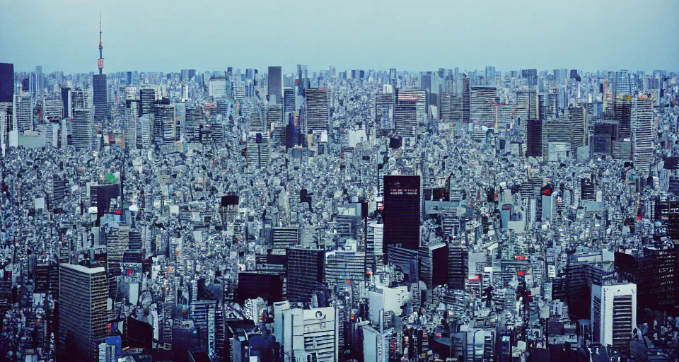 Image similar to photograph of the tokyo skyline, shot on cinestill 5 0 d with a 3 5 mm lens aperture f / 8, dynamic composition, high camera angle, wide angle, full frame, full res, pinpoint sharp focus, hyper realistic