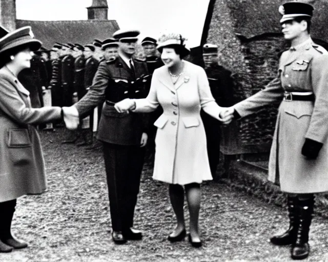 Prompt: ultra wide 1 9 4 6 blurry historical photo of a single german general shaking hands with a young queen elizabeth in a french village, her corgis are nearby highly detailed, sharp focus