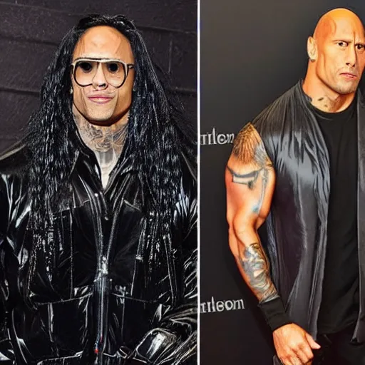 Prompt: dwayne johnson dressed as a billie eilish on a halloween night