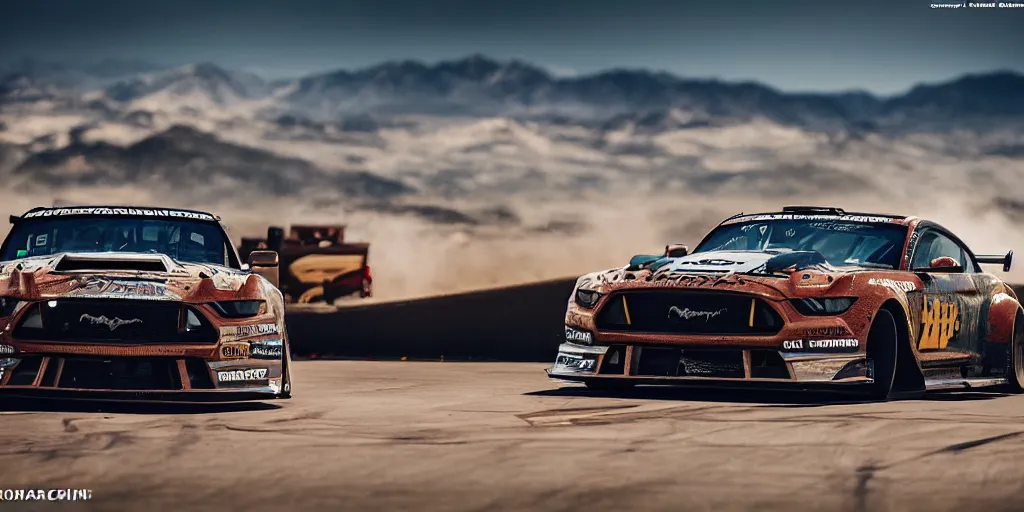 Prompt: A wide angle photograph of the hoonicorn mustang drifting Pikes Peak by Larry Chen , Canon, hoonigan, cinematic lighting, by Larry Chen, pikes peak, f18, f22, 4k