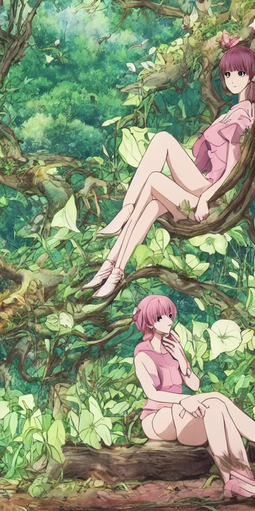 Prompt: a single queen sitting by herself on a sofa in a forest, drawn by CloverWorks, elegant, beauty, nurturing