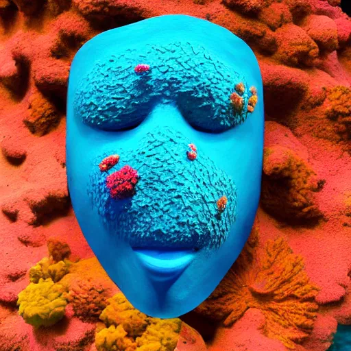 Prompt: a coral reef painted on a plaster mask, photography, highly detailed, high saturation, minimalistic, 4k