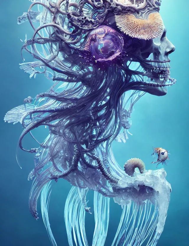 Image similar to goddess close - up portrait wigh crown made of ram skull. betta fish, jellyfish skeleton phoenix, bioluminiscent, plasma, ice, water, wind, creature, super intricate ornaments artwork by tooth wu and wlop and beeple and greg rutkowski