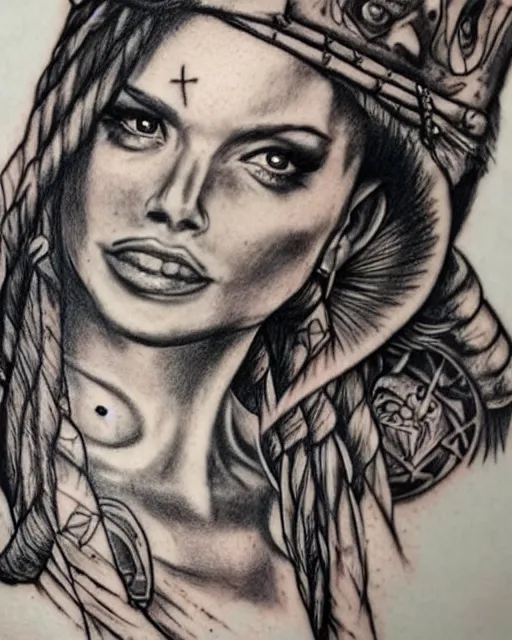 Image similar to A beautiful pirate boat next to the face of a warrior woman , realism tattoo drawing, hyper realistic, shaded