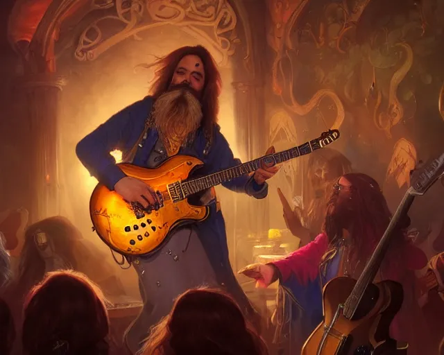 Image similar to photography of bard in a band shirt playing an electric guitar at a tavern concert, 8 k, deep focus, d & d, fantasy, intricate, elegant, highly detailed, digital painting, artstation, concept art, matte, sharp focus, illustration, hearthstone, art by artgerm and greg rutkowski and alphonse mucha