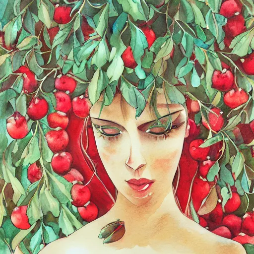 Image similar to Persephone surrounded by pomegranates, beautiful, elegant, watercolor, render, trending on artstation