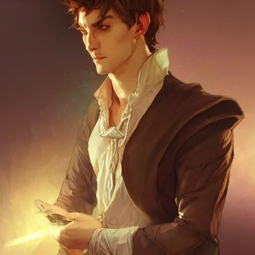 Image similar to digital character concept art by artgerm and greg rutkowski and alphonse mucha. clear portrait of a male half elf bard with light brown hair, light effect. hyper detailed, glowing lights!! intricate, elegant, digital painting, artstation, smooth, sharp focus