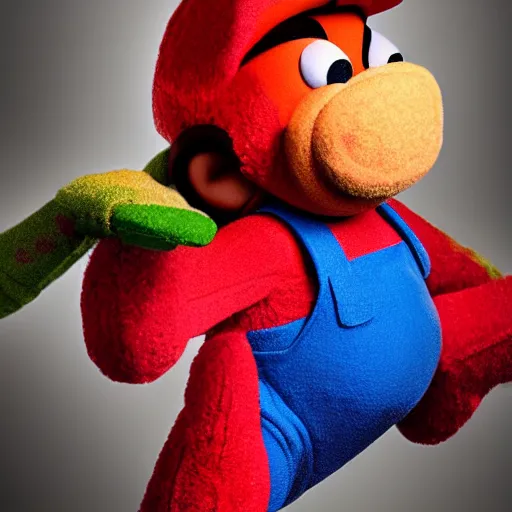 Prompt: A full body still of Mario as a muppet, photo real, photographic, photograph, artstation, trending, award winning, epic lighting, featured