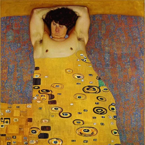 Prompt: a man laying in the sun covered by silk blankets, full body, Gustav Klimt painting