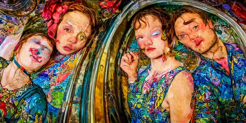 Prompt: detailed colourful masterpiece of photography couple portrait sat down extreme closeup, inside a beautiful underwater train, detailed realistic expressions, wearing unusual clothes, by ford maddox brown