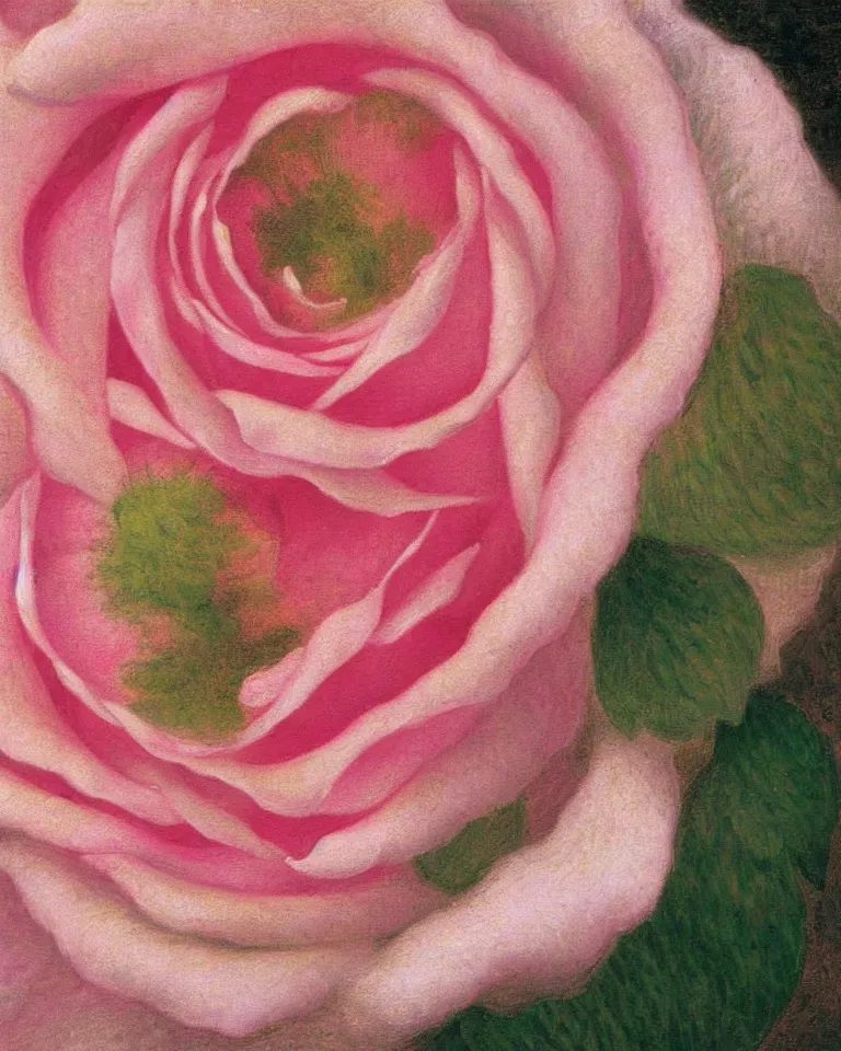 Image similar to achingly beautiful extreme close up painting of one blooming pink rose by rene magritte, monet, and turner. piranesi. macro lens, symmetry, circular.