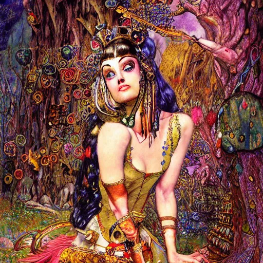 Prompt: cleopatra in alice in wonderland tripping on lsd, intricate detail, painting, royo, frazetta, whealan, klimt,