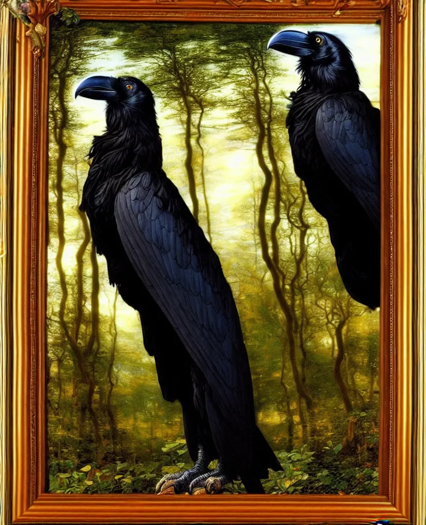 Prompt: a breathtakingly stunningly pre raphaelite beautifully highly detailed animal portrait of a majestic raven, in an forest with arch and smokey reflections, framed, by rosetti and devinci and michael cheval and sidney cooper and turner, 4 k