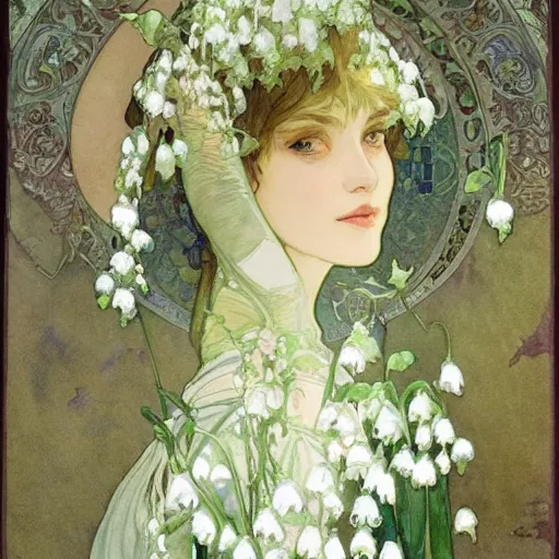 Prompt: a beautifull intricate watercolor painting of lily of the valley, reflexions, verry high details by william turner art, greg rutkowski and alphonse mucha, trending on artstation, very very detailed, masterpiece, - h 7 0 4